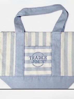 Trader Joe's Striped Mini Canvas Tote in Light Blue and Cream